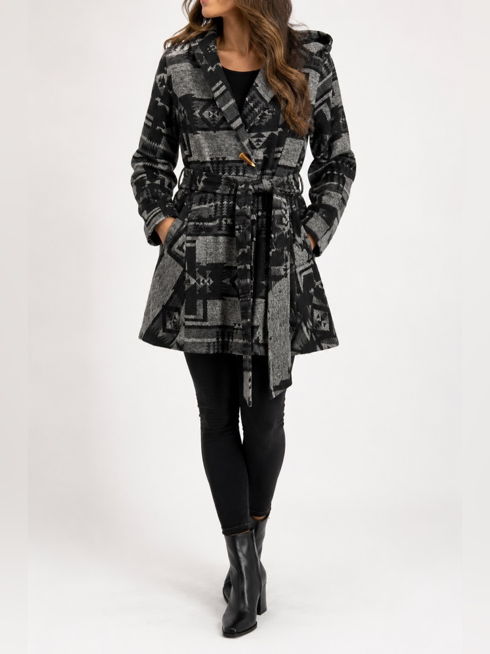 Forever 21 L Gray Black Southwestern Aztec Wool Blend Belted Hooded Coat